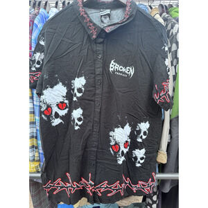 BROKEN PROMISES Shirt L Men’s 100% RAYON Black Shirt All-over-print Skulls